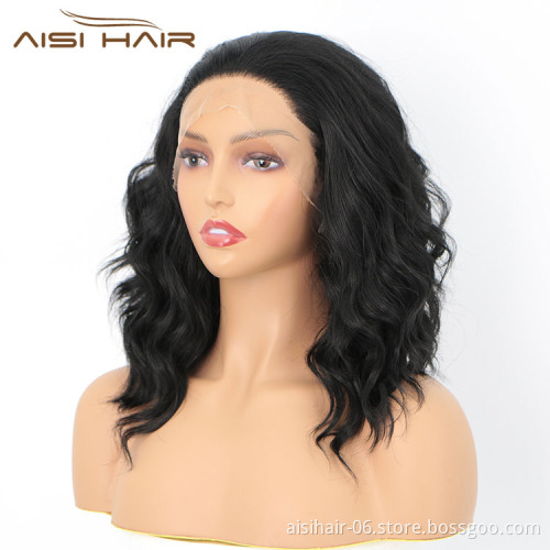 Aisi Hair New Design 16 Inch Body Wavy Natural Black Wig Long Wavy Swiss Lace Wig Synthetic Lace Front Hair Wigs For Black Women